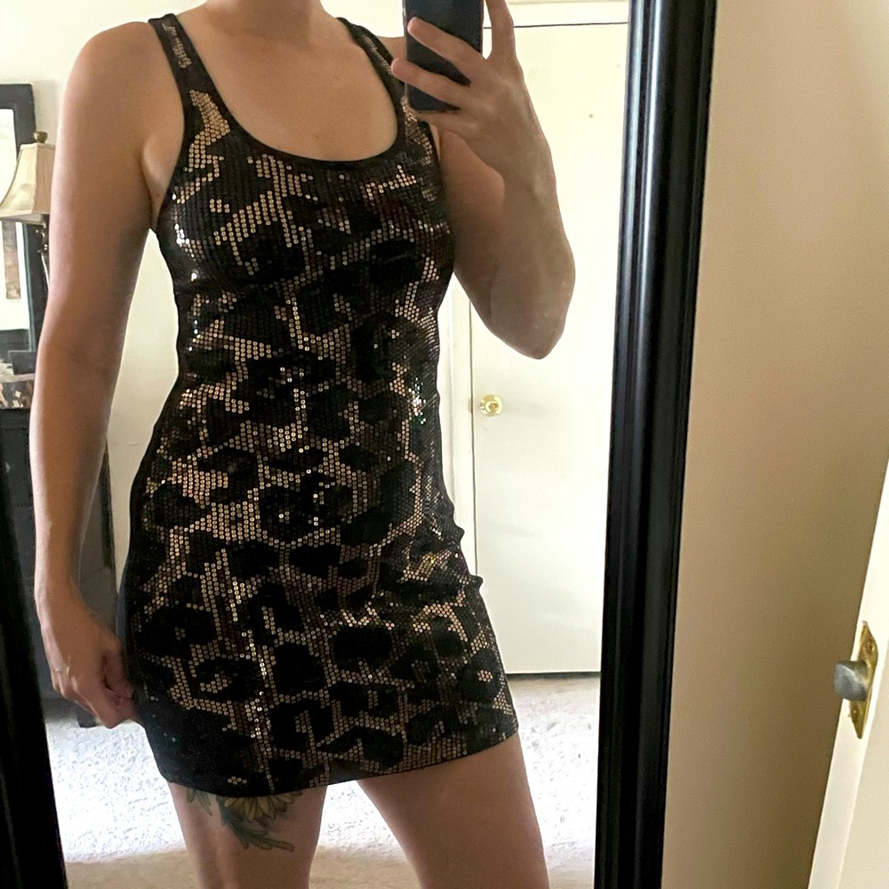 Express tank dress w/ sequin leopard front